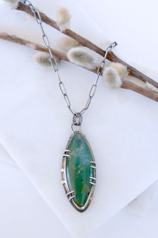 Forest Necklace with Chrysoprase, Silver, and 14K Gold