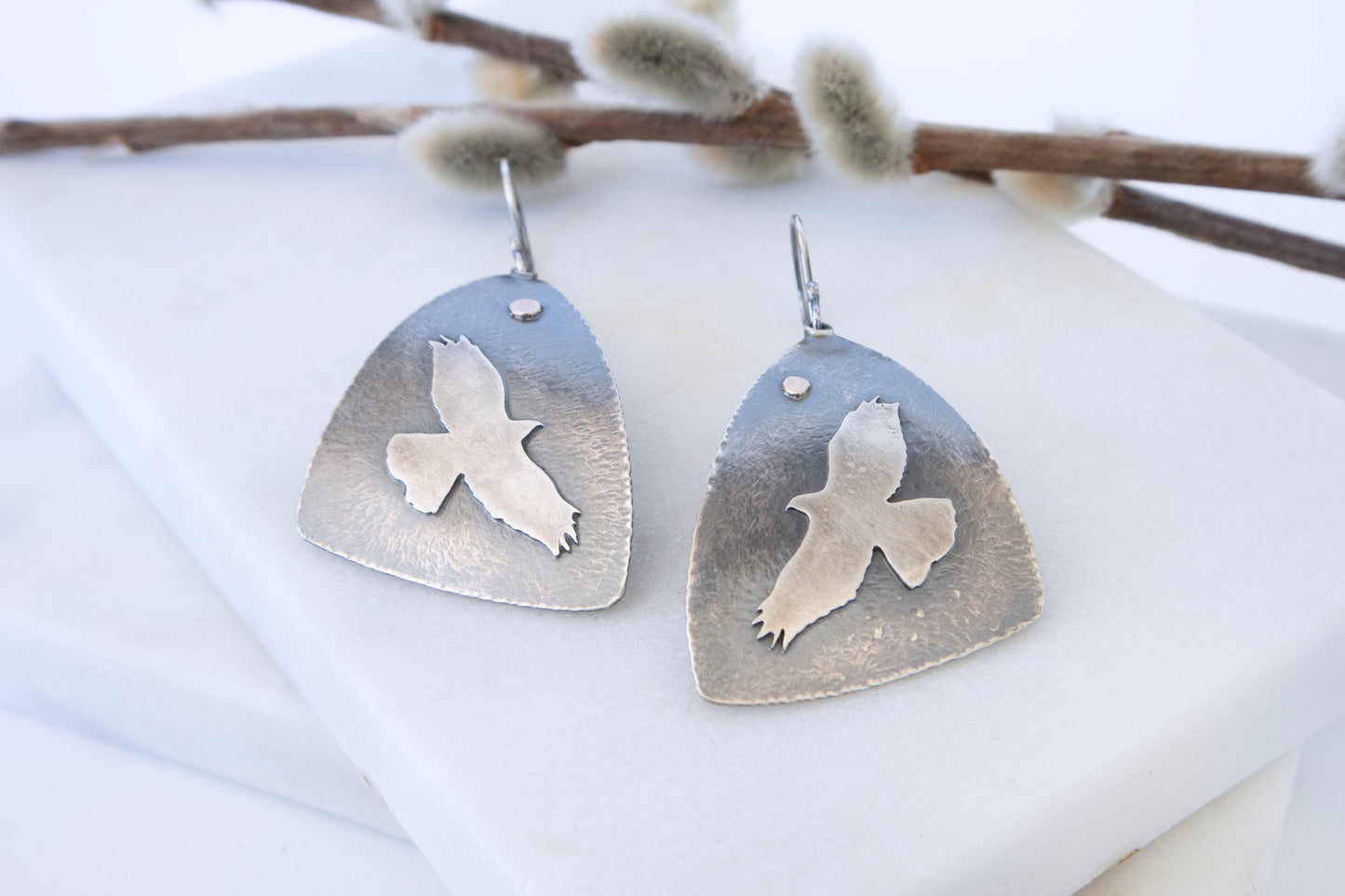 Soaring Hawk Earrings in Oxidized Silver and Gold