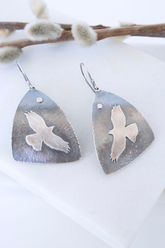 Soaring Hawk Earrings in Oxidized Silver and Gold