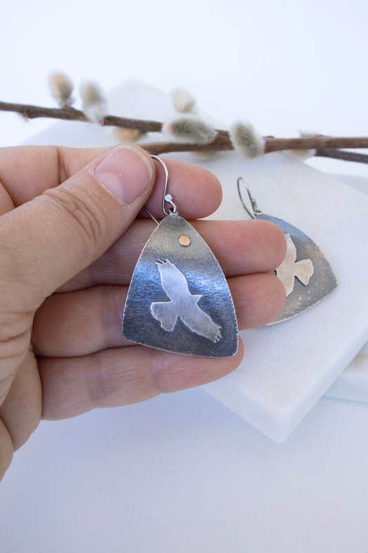 Soaring Hawk Earrings in Oxidized Silver and Gold