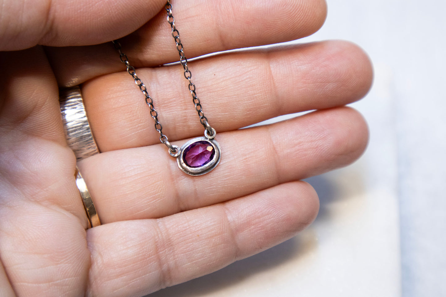 Tiny Amethyst Necklace in Oxidized Silver