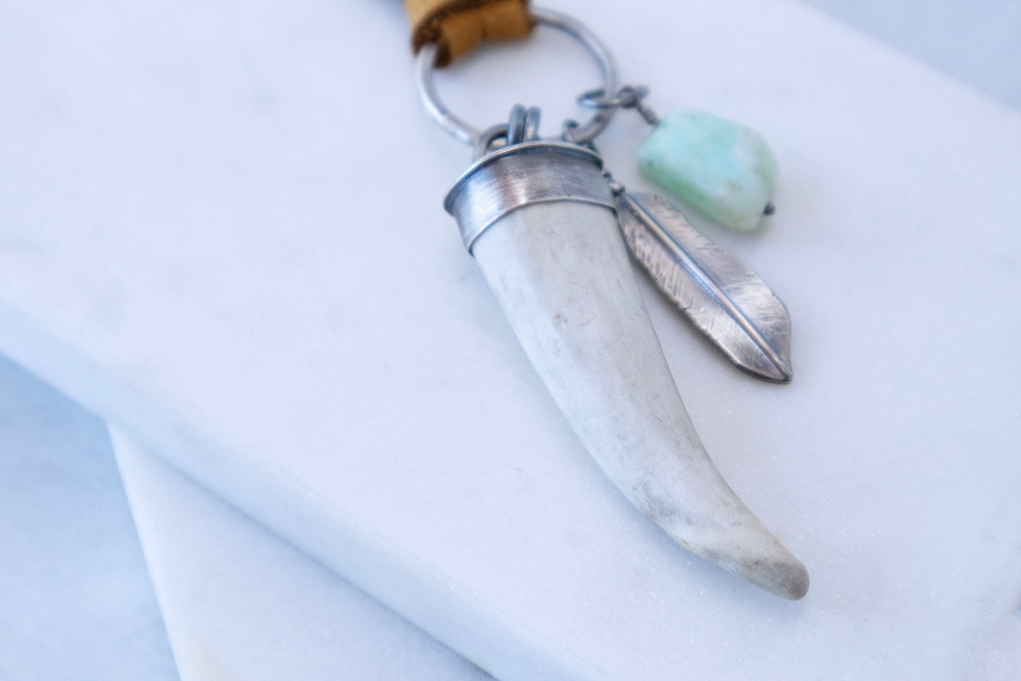 Elements Charm Necklace with Antler, Chrysoprase, Oxidized Silver, and Leather
