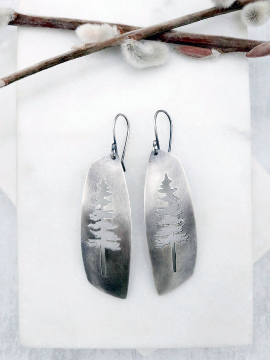 Tall Tree Earrings in Oxidized Sterling Silver