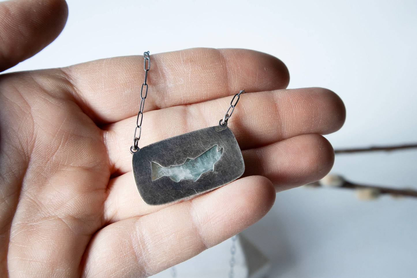 River Gods Necklace with Aquamarine and Salmon Silhouette