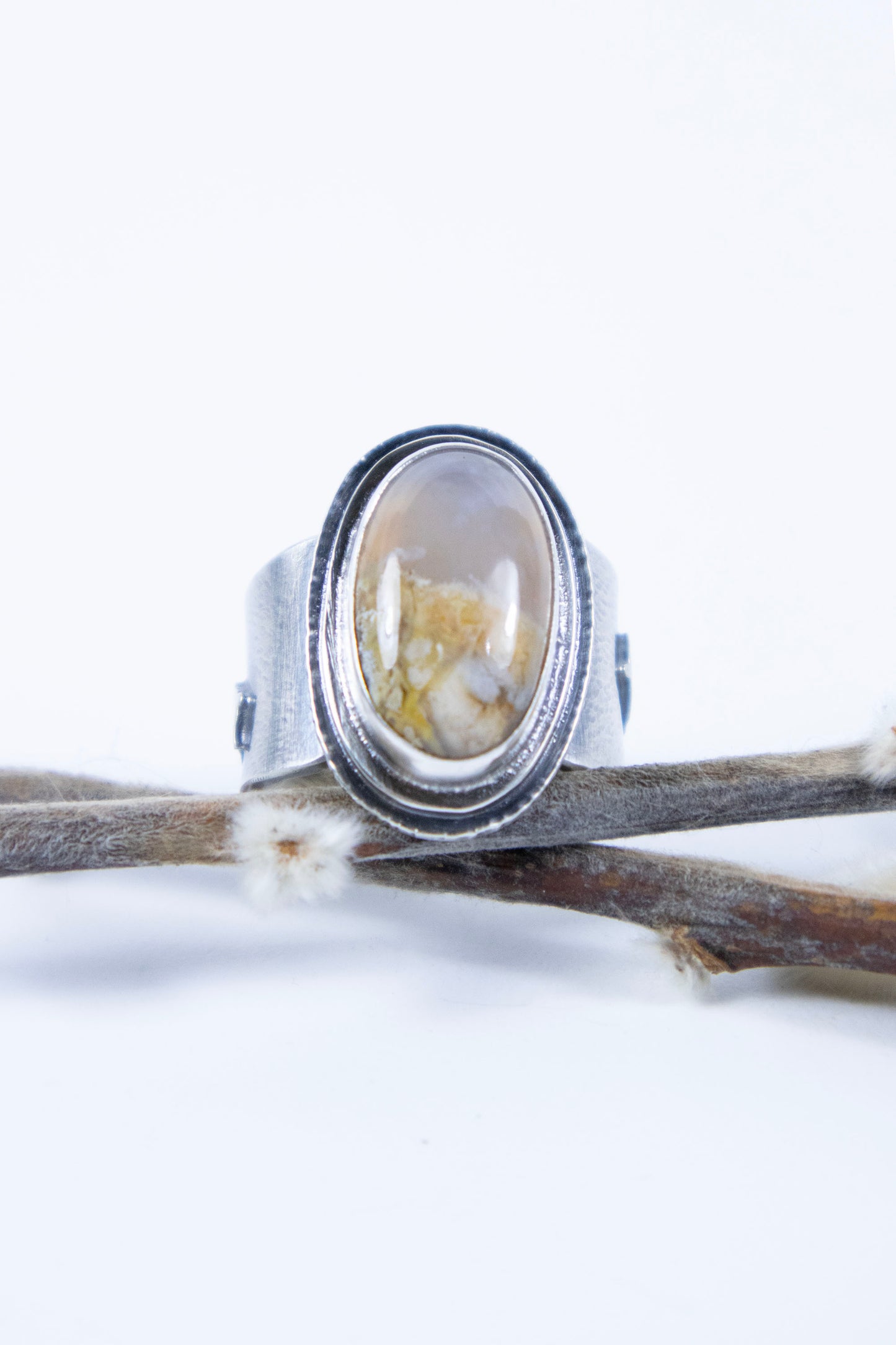 Plume Agate Ring with Bears