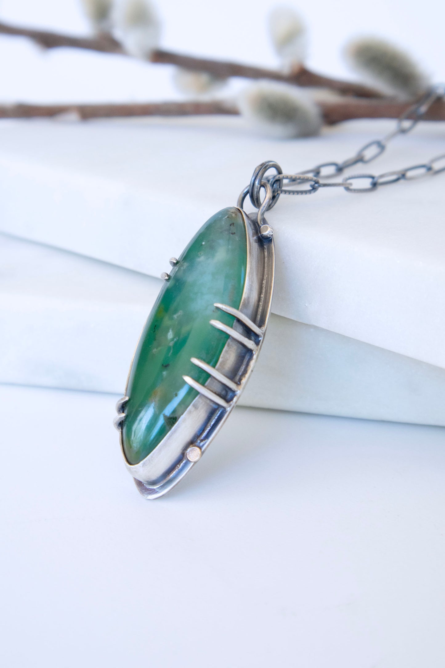 Forest Necklace with Chrysoprase, Silver, and 14K Gold
