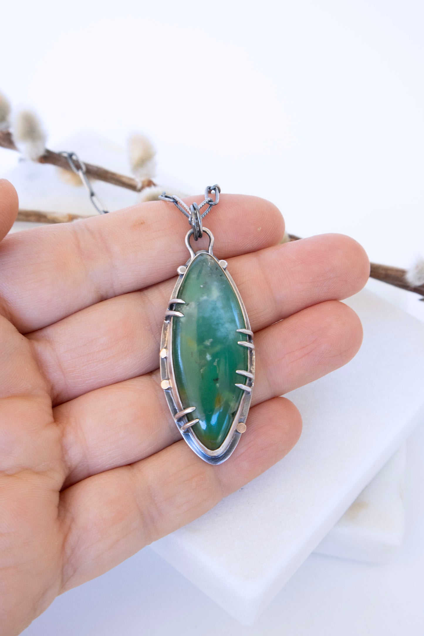 Forest Necklace with Chrysoprase, Silver, and 14K Gold