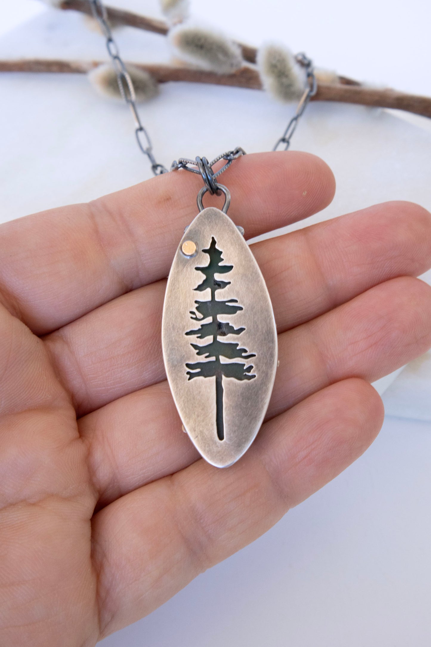 Forest Necklace with Chrysoprase, Silver, and 14K Gold