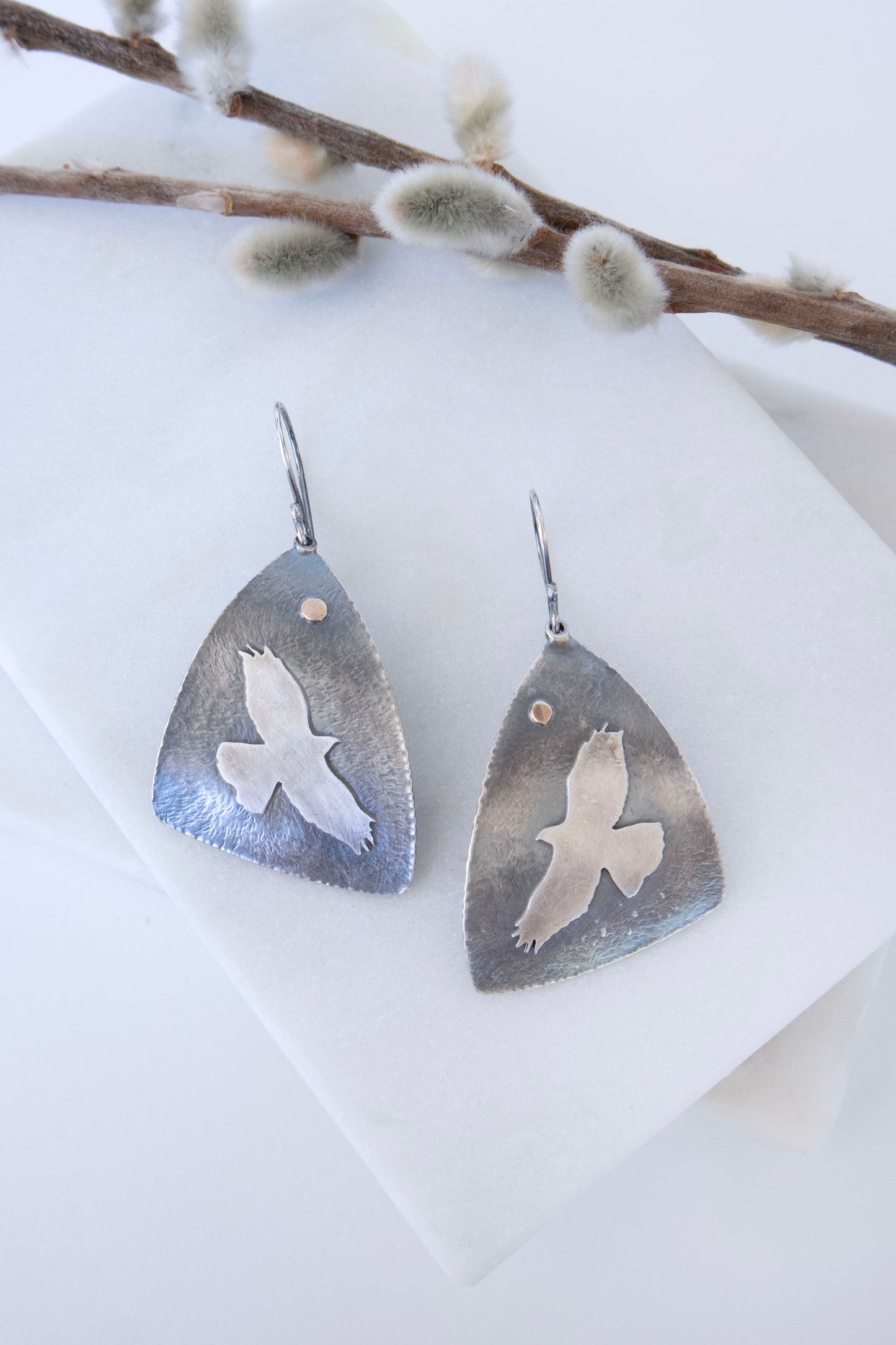Soaring Hawk Earrings in Oxidized Silver and Gold