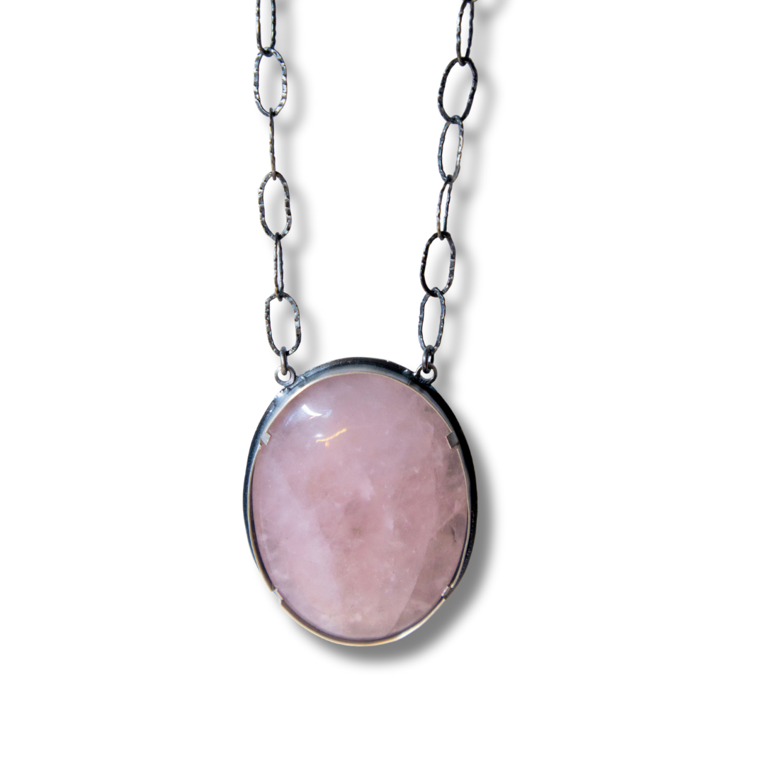 Rose Quartz Statement Necklace in Sterling Silver 22 Inch Long