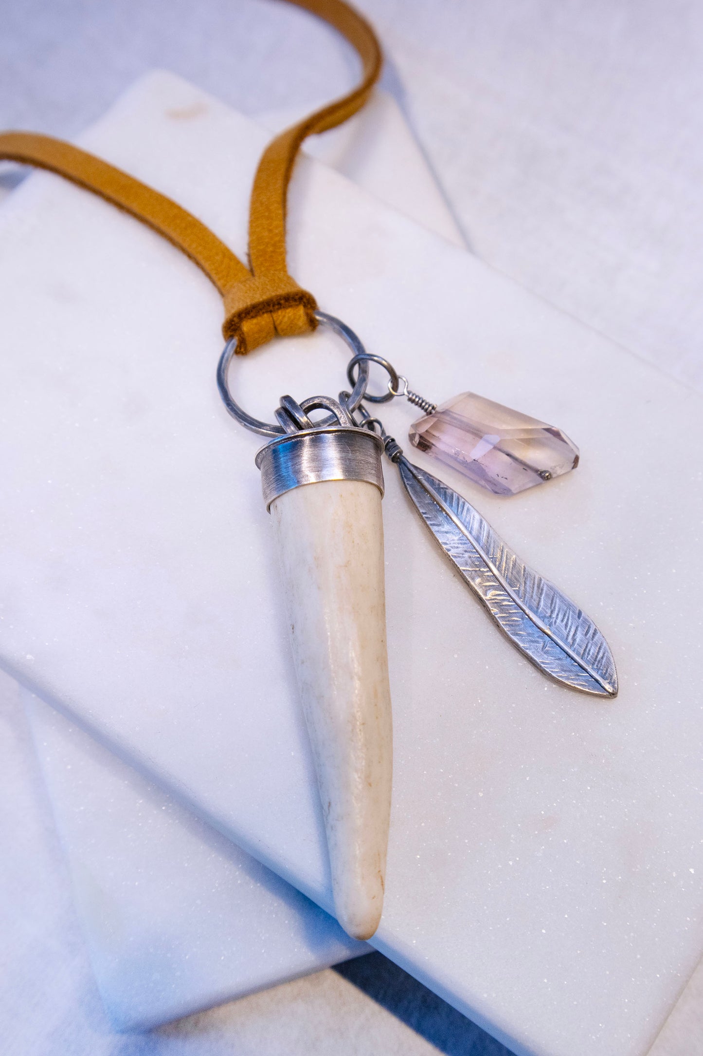 Elements Charm Necklace with Antler, Ametrine, Oxidized Silver, and Leather