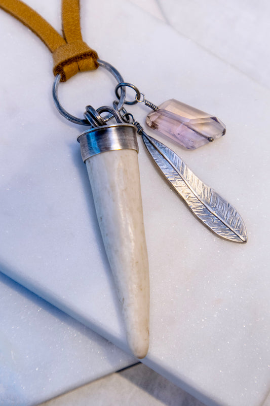 Elements Charm Necklace with Antler, Ametrine, Oxidized Silver, and Leather