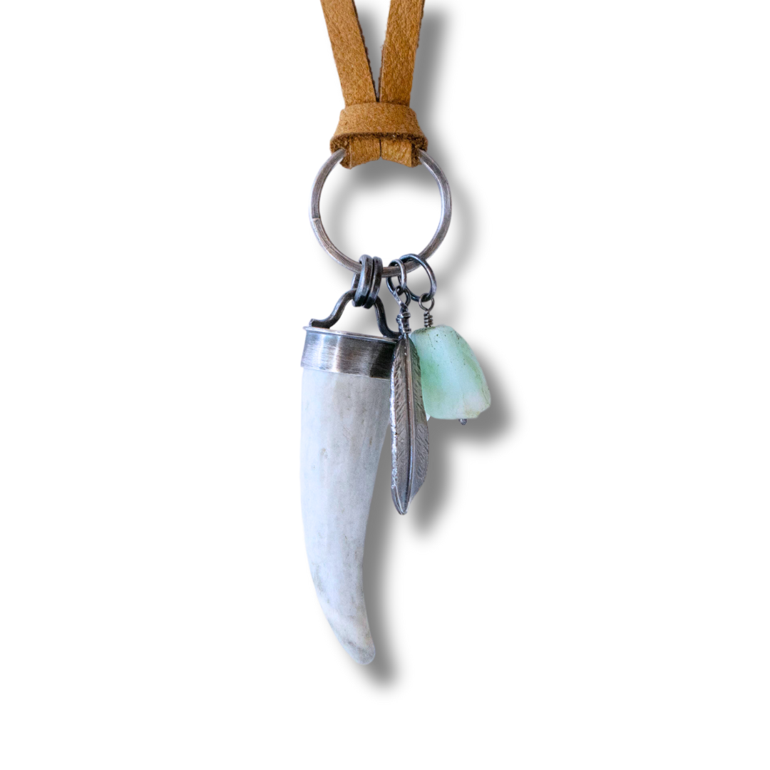 Elements Charm Necklace with Antler, Chrysoprase, Oxidized Silver, and Leather