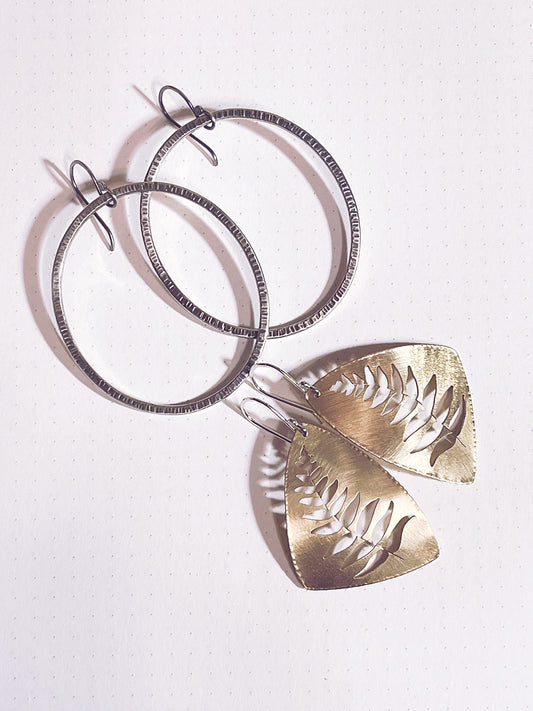 Custom Order: Oval Forged Hoops and Large Fern Earrings in Brass