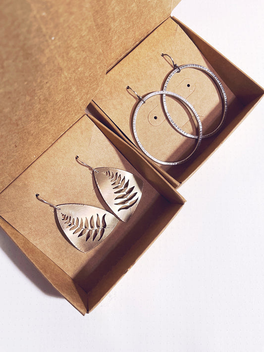 Custom Order: Oval Forged Hoops and Large Fern Earrings in Brass