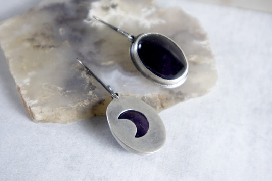 Midnight Moon Earrings in Amethyst and Oxidized Silver with Hidden Moons
