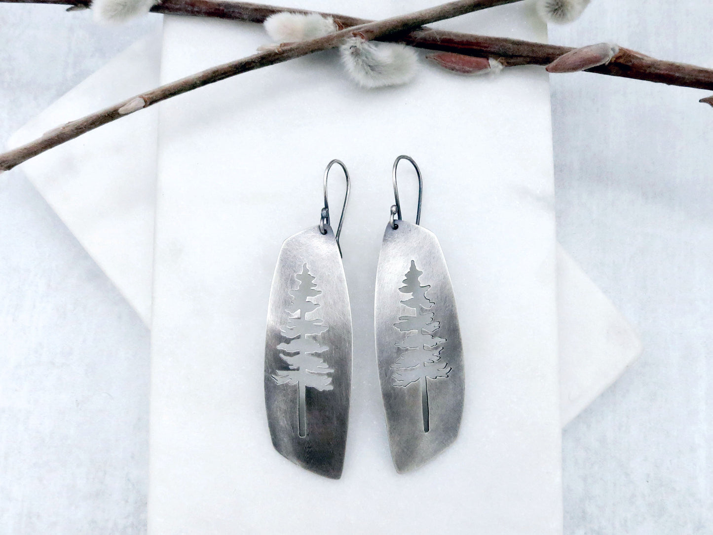 Tall Tree Earrings in Oxidized Sterling Silver