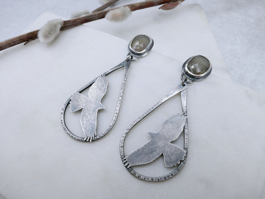 Red-Tailed Hawk Earrings with Natural Grey Sapphires Stud Earrings