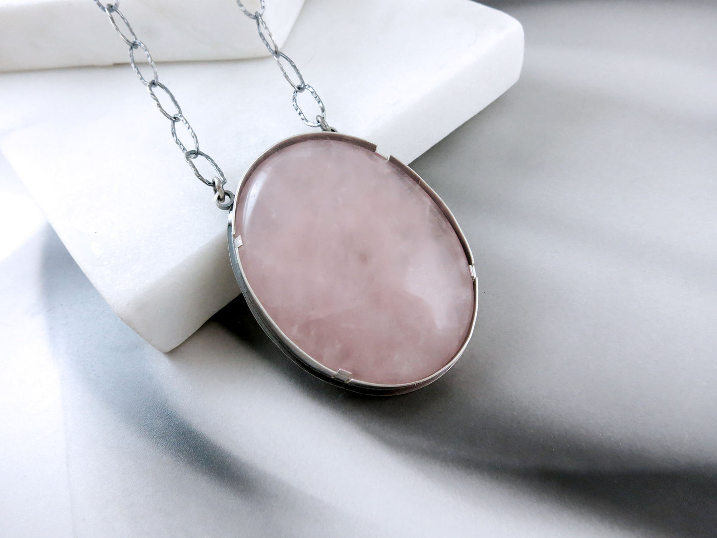 Rose Quartz Statement Necklace in Sterling Silver 22 Inch Long